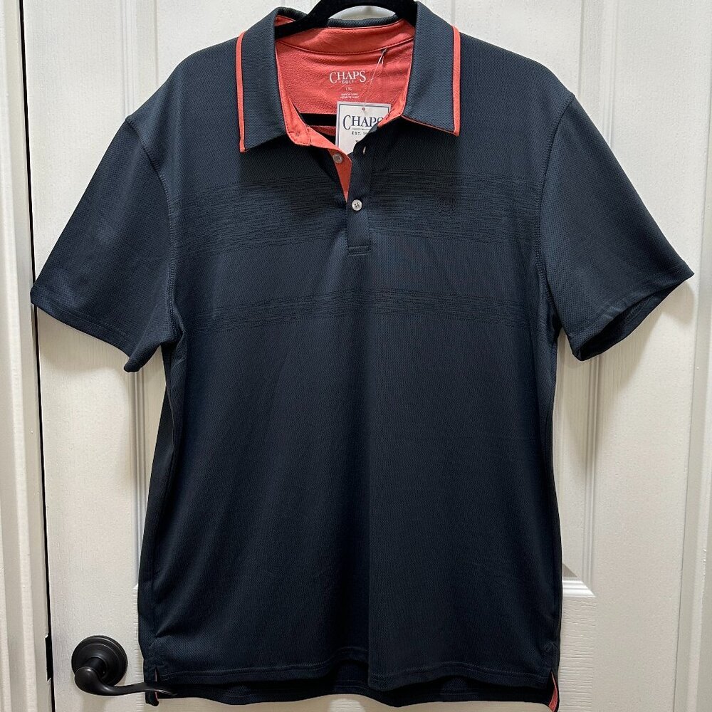 Chaps Men's Golf Polo Shirt Size L Black with Orange Slim Fit Short Sleeve (NEW)
